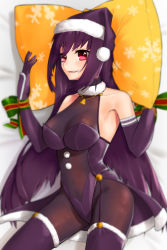 Rule 34 | 1girl, :d, absurdres, adapted costume, bare shoulders, bed, bell, blurry, bodysuit, boots, breasts, christmas, collarbone, covered navel, elbow gloves, fate/grand order, fate (series), fur trim, garter belt, gloves, hat, highres, large breasts, long hair, looking to the side, lying, misoca 30, open mouth, pillow, pillow grab, purple bodysuit, purple hair, red eyes, ribbon, santa hat, scathach (fate), smile, snowflake print, solo, thigh boots, thighhighs, wrist ribbon