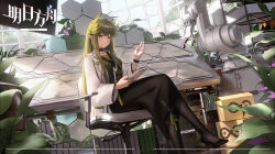 Rule 34 | 1girl, arknights, black choker, black pantyhose, black skirt, blunt bangs, blush, box, bracelet, breasts, brown shirt, cardboard box, chair, chinese commentary, choker, closed mouth, commentary, copyright name, crossed legs, green hair, greenhouse, hair ornament, hand up, highres, indoors, infection monitor (arknights), jewelry, lab coat, ling dianxia, long hair, long skirt, long sleeves, looking at viewer, machinery, medium breasts, muelsyse (arknights), no shoes, office chair, open clothes, pantyhose, plant, pointy ears, potted plant, shelf, shirt, sitting, skirt, smile, solo, swivel chair, table, very long hair, yellow eyes