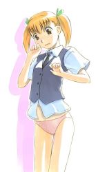 Rule 34 | 1girl, blush, brown eyes, brown hair, dress shirt, hair ribbon, mutou youshun, necktie, no pants, panties, pink panties, polka dot, polka dot panties, ribbon, shirt, short hair, short twintails, simple background, solo, standing, thigh gap, twintails, underwear, vest, white background
