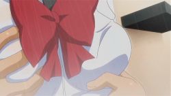 Rule 34 | 00s, animated, animated gif, assisted exposure, bouncing breasts, bow, grabbing another&#039;s breast, breast slip, breasts, clothes lift, covered erect nipples, grabbing, himemiya akane, large breasts, male hand, medium breasts, nipples, one breast out, red bow, school uniform, shirt, shirt lift, triangle blue, wet, wet clothes, white shirt