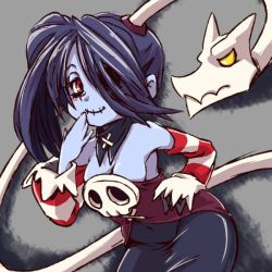 Rule 34 | 1girl, blue hair, blue skin, breasts, collarbone, colored skin, covered navel, cowboy shot, detached collar, detached sleeves, dress, grey background, half-closed eyes, hand on own hip, leaning forward, leviathan (skullgirls), long sleeves, looking at viewer, mtk hoshi, red eyes, side ponytail, sideboob, skullgirls, smile, solo, squigly (skullgirls), striped, wide sleeves