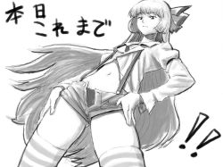 Rule 34 | 1girl, bad id, bad pixiv id, bow, female focus, from below, fujiwara no mokou, greyscale, hair bow, long hair, midriff, monochrome, navel, panties, shiba itsuki, short shorts, shorts, simple background, solo, suspenders, thighhighs, thighs, touhou, underwear, very long hair, white background