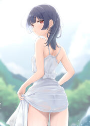 Rule 34 | 1girl, absurdres, ass, bare arms, bare shoulders, blue hair, blurry, blurry background, blush, closed mouth, commentary request, cover, cover page, day, dress, from behind, highres, idolmaster, idolmaster shiny colors, kijibato 123-gou, looking at viewer, looking back, medium hair, morino rinze, outdoors, red eyes, skirt hold, sleeveless, smile, wet, wet clothes, white dress
