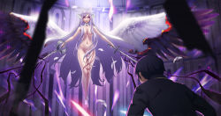 Rule 34 | 1girl, breasts, choker, clothed male nude female, dual wielding, evil smile, feathered wings, feathers, floating, glowing, glowing eyes, hair censor, hair over breasts, halo, highres, holding, holding sword, holding weapon, kirito, large breasts, long hair, looking at another, navel, nude, parted bangs, purple eyes, quinella, rhasta, shaded face, smile, sword, sword art online, sword art online: alicization, very long hair, weapon, white wings, wings