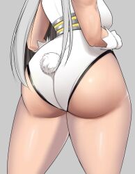 Rule 34 | 1girl, ass, ass focus, boku no hero academia, breasts, clothing cutout, commentary, dark-skinned female, dark skin, english commentary, from behind, gloves, grey background, head out of frame, highleg, highleg leotard, highres, huge ass, large breasts, leotard, long hair, lower body, mirko, pitapita pi, rabbit girl, rabbit tail, solo, tail, tail through clothes, thick thighs, thighs, white gloves, white hair, white leotard