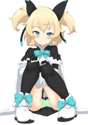 Rule 34 | 1girl, asymmetrical sleeves, black capelet, black gloves, black thighhighs, blonde hair, blue bow, blue eyes, blush, bow, cape, capelet, celtie (world flipper), closed mouth, detached sleeves, female focus, footwear bow, full body, gloves, green panties, hair ornament, half-closed eyes, hands on own knees, hands up, happy, headgear, highres, knees together feet apart, layered sleeves, long sleeves, looking at viewer, miniskirt, momio, panties, pantyshot, pigeon-toed, pleated skirt, shoes, short hair, short over long sleeves, short sleeves, sidelocks, simple background, single sleeve, skirt, smile, solo, squatting, straight-on, thighhighs, two side up, underwear, upskirt, white background, white cape, white footwear, white skirt, world flipper