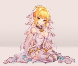Rule 34 | 10s, 1girl, absurdres, ahoge, bad id, bad twitter id, belt, blonde hair, blush, breasts, bridal veil, burnt clothes, cleavage, closed mouth, elbow gloves, expressionless, fate/extra, fate/extra ccc, fate/grand order, fate (series), gloves, gradient background, green eyes, ha youn, hair intakes, highres, large breasts, lock, looking at viewer, nero claudius (bride) (fate), nero claudius (bride) (second ascension) (fate), nero claudius (fate), nero claudius (fate) (all), seiza, short hair, sitting, skirt, solo, veil, white gloves, white skirt, zipper, zipper pull tab