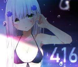 Rule 34 | 1girl, arm up, armpits, bare arms, bare shoulders, bikini, black bikini, blurry, breasts, character name, cleavage, collarbone, cross hair ornament, depth of field, facial mark, front-tie bikini top, front-tie top, girls&#039; frontline, green eyes, hair ornament, tucking hair, halterneck, halterneck, hk416 (girls&#039; frontline), ichiki 1, long hair, looking at viewer, medium breasts, parted lips, shade, solo, string bikini, swimsuit, upper body, water, wet, white hair