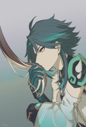 Rule 34 | 2boys, arm tattoo, armor, asymmetrical clothes, bad id, bad twitter id, bead necklace, beads, black hair, brown hair, from side, genshin impact, gloves, green hair, grey background, highres, holding another&#039;s hair, hotta mskz, jewelry, male focus, multicolored hair, multiple boys, necklace, profile, shoulder armor, simple background, solo focus, spikes, tattoo, xiao (genshin impact), yellow eyes, zhongli (genshin impact)