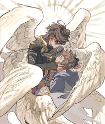 Rule 34 | 2boys, armor, brown hair, feathered wings, fingerless gloves, gloves, gran (granblue fantasy), granblue fantasy, hand on another&#039;s face, highres, hood, hood down, hoodie, male focus, multiple boys, multiple wings, open mouth, panyasan 777, red eyes, sandalphon (granblue fantasy), seraph, short hair, sword, weapon, white wings, wings