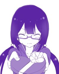 Rule 34 | 1girl, blush, candy, chocolate, chocolate heart, commentary request, closed eyes, food, gift, glasses, hair ornament, hair ribbon, heart, iisuna anko, jacket, long hair, monochrome, nervous, ore twintail ni narimasu, purple theme, ribbon, simple background, sketch, solo, track jacket, twintails, valentine, white background, yuto (dialique)