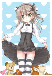 Rule 34 | 10s, 1girl, animal print, bandages, bear print, black dress, black thighhighs, blue background, blush, boko (girls und panzer), bow, bowtie, brown eyes, cast, casual, closed mouth, clothes lift, collared shirt, crotch seam, dress, dress lift, eyepatch, flipper, frilled dress, frills, girls und panzer, layered dress, light brown hair, long hair, long sleeves, looking at viewer, panties, pink panties, shimada arisu, shirt, side ponytail, skirt, smile, solo, standing, striped clothes, striped thighhighs, stuffed animal, stuffed toy, suspender skirt, suspenders, teddy bear, thighhighs, underwear, white panties, white shirt