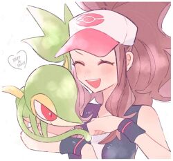 Rule 34 | 1girl, :d, black vest, black wristband, blush, brown hair, character name, clenched hand, closed eyes, commentary request, creatures (company), fist bump, game freak, gen 5 pokemon, happy, hat, heart, high ponytail, hilda (pokemon), hime (himetya105), long hair, nintendo, open clothes, open mouth, open vest, pokemon, pokemon (creature), pokemon bw, pokemon on arm, shirt, sidelocks, smile, snivy, teeth, upper teeth only, vest, white hat, white shirt