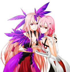 Rule 34 | 10s, 2girls, bare shoulders, breasts, center opening, detached sleeves, dual persona, guilty crown, hair ornament, hairclip, highres, kishir0, kishiro-kun, long hair, looking at viewer, multiple girls, open mouth, ouma mana, pink hair, red eyes, spoilers, twintails, very long hair, yuzuriha inori