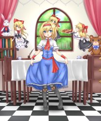 Rule 34 | 1girl, alice margatroid, apron, blonde hair, blue eyes, blush, book, bookshelf, boots, bow, capelet, chair, checkered floor, chest of drawers, cookie, cup, curtains, curtsey, doll on head, dress, floor, flying, food, forest, green eyes, hair bow, hairband, head tilt, highres, indoors, knee boots, kuro (baseball0000), lolita hairband, long hair, looking at viewer, nature, pantyhose, parted lips, plate, ribbon, sash, shanghai doll, short hair, skirt hold, smile, solo, stuffed animal, stuffed rabbit, stuffed toy, table, tablecloth, teacup, teapot, teddy bear, touhou, waist apron, window, wrist cuffs