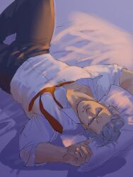 Rule 34 | 1boy, andy (undead unluck), bara, collared shirt, dark, feet out of frame, grey hair, highres, knee up, large pectorals, light smile, looking at viewer, lying, male focus, miami0158, muscular, muscular male, necktie, on back, on bed, partially unbuttoned, pectorals, red necktie, shirt, short hair, smile, solo, undead unluck, undone necktie