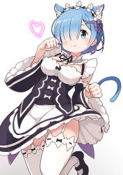 Rule 34 | 1girl, absurdres, animal ear fluff, animal ears, apron, black bow, black dress, black footwear, black ribbon, black sleeves, blue eyes, blush, bow, breasts, cat ears, cat girl, cat tail, choker, cleavage, closed mouth, commentary request, detached sleeves, dress, flower, frilled choker, frilled sleeves, frills, from above, garter straps, hair flower, hair ornament, hair over one eye, hands up, happy, heart, highres, large breasts, long sleeves, looking at viewer, maid, miu (angelo whitechoc), paw pose, purple ribbon, re:zero kara hajimeru isekai seikatsu, rem (re:zero), ribbon, simple background, smile, solo, standing, standing on one leg, tail, thighhighs, white apron, white background, white bow, white choker, white thighhighs, wide sleeves, x hair ornament, zettai ryouiki