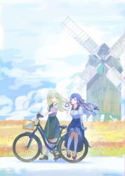 2girls ascot bang_dream! bang_dream!_it&#039;s_mygo!!!!! bicycle black_footwear black_ribbon blue_skirt blue_sky cloud day field green_ascot green_hair green_skirt hair_ribbon highres horizon long_hair looking_at_another mary_janes multiple_girls one_eye_closed open_mouth outdoors red_footwear ribbon shirt shoes short_sleeves sigangsan sitting skirt sky smile togawa_sakiko two_side_up wakaba_mutsumi walking white_shirt windmill yellow_eyes