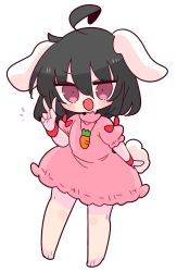 Rule 34 | 1girl, animal ears, black hair, carrot necklace, dress, floppy ears, frilled dress, frilled sleeves, frills, highres, inaba tewi, necklace, op na yarou, pink dress, pink eyes, puffy short sleeves, puffy sleeves, rabbit ears, rabbit tail, ribbon-trimmed dress, short dress, short hair, short sleeves, simple background, solo, tail, touhou, white background