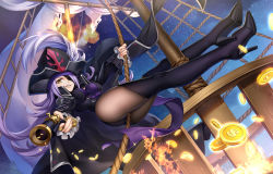 Rule 34 | ass, bicorne, black coat, boots, breasts, coat, coin, dahut (fate), epaulettes, eyepatch, fate/extra, fate/grand order, fate (series), francis drake (fate), gold coin, hat, high heel boots, high heels, hip focus, large breasts, light purple hair, long hair, pantyhose, pirate, pirate hat, solo, thigh boots, thighhighs, treasure, treasure chest, veil over eyes, very long hair, yellow eyes, yue xiao e