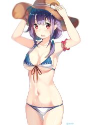 Rule 34 | 10s, 1girl, adapted costume, ahoge, alternate costume, arm strap, armpits, bikini, blush, breasts, cleavage, front-tie top, gin00, gluteal fold, hair between eyes, hair flaps, halterneck, hands on headwear, hat, highres, holding, holding clothes, holding hat, kantai collection, long hair, looking at viewer, low twintails, navel, open mouth, purple hair, red eyes, shiny skin, sideboob, skindentation, solo, standing, stomach, sun hat, swimsuit, taigei (kancolle), thigh gap, twintails, underboob, wavy mouth, whale