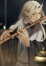 Rule 34 | 1600pommsky, 1boy, black jacket, blurry, depth of field, earrings, flute, hair behind ear, haori, highres, holding, holding instrument, horns, incense burner, instrument, jacket, japanese clothes, jewelry, kimono, long hair, male focus, music, oni horns, original, parted bangs, parted lips, patterned clothing, playing flute, playing instrument, pointy ears, smile, solo, stud earrings, transverse flute, upper body, white hair, white horns, white kimono, yellow eyes, yellow nails, yomi (1600pommsky)