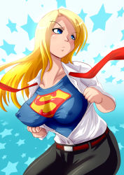 Rule 34 | 1girl, animification, blonde hair, blue eyes, breasts, covered erect nipples, dc comics, impossible clothes, impossible shirt, large breasts, long hair, marimo (ankokumarimo), open clothes, open shirt, shirt, solo, supergirl, superman (series), taut clothes, taut shirt