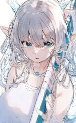 Rule 34 | 1girl, bare arms, bare shoulders, blue eyes, breasts, collarbone, commentary request, dress, grey hair, hair between eyes, highres, holding, holding sheath, katana, large breasts, long hair, original, parted lips, pointy ears, sheath, sheathed, simple background, sleeveless, sleeveless dress, solo, sword, upper body, very long hair, weapon, white background, white dress, yuuji (yukimimi)