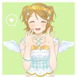 Rule 34 | 1girl, alternate hairstyle, angel wings, aqua bow, aqua dress, arm ribbon, artist name, artist request, bare shoulders, blush, bow, breasts, brown hair, cleavage, collarbone, criss-cross halter, detached arm, dress, female focus, fleur reve (love live!), flower, flower dress, flower hair ornament, flower print, flower wreath, frilled dress, frilled shirt collar, frills, gem, green background, hair between eyes, hair flower, hair ornament, halterneck, head wreath, heart, heart (symbol), heart hands, jewelry, koizumi hanayo, leaf hair ornament, looking at viewer, love live!, love live! school idol festival, love live! school idol festival all stars, love live! school idol project, orange flower, parted lips, pearl (gemstone), plaid, plaid dress, pleated, pleated dress, ribbon, short hair, short twintails, sleeveless, sleeveless dress, small breasts, smile, solo, star (symbol), star hair ornament, striped bow, striped ribbon, teeth, twintails, two side up, upper body, upper teeth only, white flower, white ribbon, white wings, wing hair ornament, wings, yellow flower