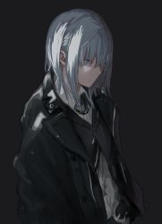 Rule 34 | 1boy, black background, black jacket, black vest, blue eyes, closed mouth, collared shirt, grey hair, highres, jacket, jewelry, long sleeves, male focus, necklace, original, shiroi suzume, shirt, simple background, solo, standing, upper body, vest, wing collar