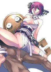 Rule 34 | 1girl, a.b.a, arc system works, bandages, breasts, censored, chain, girl on top, green eyes, guilty gear, homunculus, key, key in head, large breasts, mosaic censoring, object through head, paracelsus (guilty gear), penis, red hair, reverse cowgirl position, sex, sex from behind, short hair, solo focus, straddling, tasaka shinnosuke, vaginal