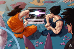 Rule 34 | 5boys, artist name, azizdraws, beerus, black hair, blue bodysuit, bodysuit, broly (dragon ball super), controller, dougi, dragon ball, dragon ball super, game console, game controller, highres, holding, holding controller, holding game controller, large pectorals, male focus, multiple boys, muscular, muscular male, pectorals, playing games, playstation 5, playstation controller, short hair, sitting, son goku, spiked hair, vegeta, video game, whis