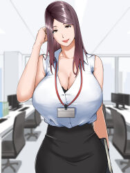 Rule 34 | 1girl, black skirt, breasts, brown eyes, brown hair, chair, cleavage, highres, huge breasts, indoors, lanyard, long hair, looking at viewer, mole, mole under mouth, monitor, nypaon, office chair, office lady, original, shirt, skirt, swivel chair, white shirt