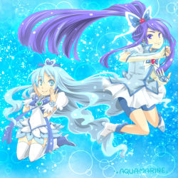 Rule 34 | 00s, 10s, 2girls, arm warmers, bike shorts, blue background, blue dress, blue eyes, blue hair, blue shorts, blue skirt, blue theme, boots, brooch, butterfly hair ornament, character name, color connection, crossover, cure aqua, cure marine, detached sleeves, dress, earrings, fingerless gloves, gloves, hair ornament, hair ribbon, heart, heart brooch, heartcatch precure!, high heels, jewelry, kasetsu, kurumi erika, long hair, minazuki karen, multiple girls, ponytail, precure, puffy sleeves, ribbon, shorts, shorts under dress, shorts under skirt, skirt, wide ponytail, wrist cuffs, yes! precure 5, yes! precure 5 gogo!