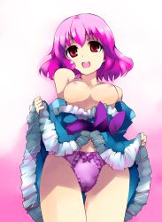 Rule 34 | 1girl, absurdres, bare shoulders, breasts, clothes lift, dress, dress lift, female focus, highres, japanese clothes, no headwear, off shoulder, panties, pink hair, red eyes, resolution mismatch, ribbon, saigyouji yuyuko, sawamura hikaru, short hair, solo, source smaller, touhou, underwear