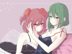 Rule 34 | 2girls, alternate costume, asymmetrical hair, black dress, breasts, cleavage, closed mouth, commentary request, dress, flower, green eyes, green hair, hair flower, hair ornament, highres, hug, looking at viewer, medium breasts, multiple girls, onozuka komachi, pink background, red hair, shiki eiki, shouko (airen), smile, touhou, two side up, yuri
