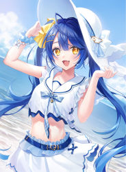 Rule 34 | 1girl, :d, ahoge, amamiya kokoro, arm up, bare arms, belt, belt buckle, blue belt, blue bow, blue hair, blue sky, bow, buckle, cloud, crop top, day, fang, hair between eyes, hair ornament, hairclip, hand up, hands on headwear, highres, horizon, long hair, looking at viewer, midriff, navel, nijisanji, ocean, open mouth, outdoors, plaid, plaid bow, sailor collar, shiao, shirt, skirt, sky, sleeveless, sleeveless shirt, smile, solo, twintails, very long hair, virtual youtuber, water, white headwear, white sailor collar, white shirt, white skirt, x hair ornament, yellow eyes