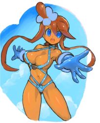 Rule 34 | 1girl, blue eyes, breasts, cloud, creatures (company), dakusuta, game freak, gloves, gym leader, hair ornament, large breasts, long hair, looking at viewer, navel, nintendo, open mouth, pokemon, pokemon bw, red hair, sidelocks, skyla (pokemon), solo, swimsuit