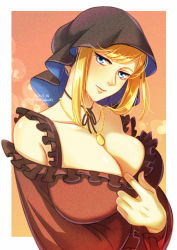 Rule 34 | 1girl, alice lendrott, artist name, black hat, blonde hair, blue eyes, breast hold, breasts, cleavage, clothes pull, collarbone, crossed arms, dated, greendot, hat, highres, jewelry, large breasts, lips, looking at viewer, medium hair, naughty face, necklace, seductive smile, shinigami bocchan to kuro maid, simple background, smile, solo, teasing, top pull, upper body