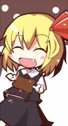 Rule 34 | 1girl, blonde hair, boned meat, bow, chibi, embodiment of scarlet devil, closed eyes, fang, female focus, food, happy, lowres, meat, mesia, rumia, smile, solo, standing, touhou