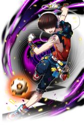 Rule 34 | 1boy, :o, arm up, badge, ball, unworn bandana, bangle, bare shoulders, bead bracelet, beads, belt, blue pants, bowl cut, bracelet, brown hair, buckle, button badge, cable, clenched hand, comiccho, digital media player, elliot (soccer spirits), energy, eyeball, fake horns, fingerless gloves, full body, gloves, hair over eyes, hand up, headphones, highres, hood, hood down, horned headwear, horns, jewelry, light particles, male focus, motion blur, multicolored hair, official art, open mouth, pants, pants rolled up, red footwear, red hair, red shirt, running, shirt, shoes, skull print, sleeveless, sleeveless shirt, smiley face, sneakers, soccer, soccer ball, soccer spirits, solo, streaked hair, studded bracelet, tattoo, transparent background, vortex, white belt, white gloves, x