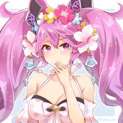 Rule 34 | 1girl, bare shoulders, blush, breasts, carrot (robosquat), cleavage, cleo (dragalia lost), collarbone, dragalia lost, flower, hair flower, hair ornament, large breasts, pink eyes, pink hair, smile, twintails