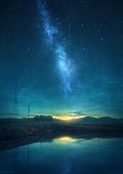 Rule 34 | highres, mks, no humans, reflection, reflective water, scenery, sky, star (sky), starry sky, twilight, utility pole