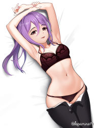 Rule 34 | 1girl, :d, armpits, arms up, bang dream!, bare arms, bed sheet, black pants, bra, breasts, cleavage, clothes pull, collarbone, cowboy shot, dopamine70, highres, long hair, looking at viewer, lying, navel, on back, on bed, open fly, open mouth, open pants, panties, pants, pants pull, ponytail, purple hair, red bra, red eyes, red panties, seta kaoru, signature, small breasts, smile, solo, stomach, twitter username, underwear