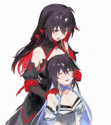 Rule 34 | 2girls, :d, :o, ^ ^, absurdres, ahoge, bare shoulders, black dress, black hair, black sleeves, breasts, cleavage, closed eyes, collarbone, commentary, detached sleeves, dress, dual persona, gloves, hand on another&#039;s cheek, hand on another&#039;s face, highres, honkai (series), honkai impact 3rd, innertube, looking at another, medium breasts, misaki d3su, multicolored hair, multiple girls, open mouth, red eyes, red gloves, red hair, seele (alter ego), seele vollerei, seele vollerei (herrscher of rebirth), simple background, smile, swim ring, symbol-only commentary, twitter username, white background, white sleeves, yuri
