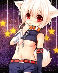 Rule 34 | 1girl, alternate costume, animal ears, bad id, bad pixiv id, bandages, bare shoulders, belt, breasts, chain, collar, elbow gloves, female focus, finger to mouth, gloves, halloween, highres, inubashiri momiji, leash, looking at viewer, medium breasts, midriff, navel, no bra, red eyes, sawatari (sado), short hair, silver hair, solo, star (symbol), tail, touhou, underboob, wolf ears, wolf tail