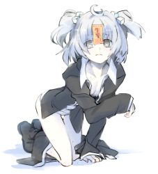 Rule 34 | 1girl, black shirt, black skirt, blush, closed mouth, collared shirt, commentary request, cookie (touhou), frown, full body, gesuto (nicoseiga115785837), grey eyes, kneeling, long sleeves, looking at viewer, medium hair, ofuda, shirt, skirt, solo, tofu-san, two side up, white background, white hair