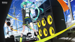 Rule 34 | 1girl, absurdres, alternate costume, aqua eyes, aqua hair, aqua necktie, artist name, black nails, blue sky, collared shirt, commentary, hatsune miku, highres, holding, holding microphone stand, jacket, long hair, marui (fxxstate ofmind), microphone stand, necktie, open clothes, open jacket, power lines, shirt, sky, solo, speaker, twintails, very long hair, vocaloid, wind turbine, windmill