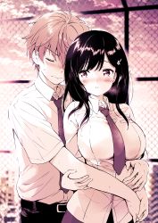 Rule 34 | 1boy, 1girl, akina tsukako, belt, blush, breasts, chain-link fence, cloud, dress shirt, fence, flower, hair flower, hair ornament, hairclip, hand on another&#039;s arm, hand on another&#039;s stomach, hetero, highres, hug, hug from behind, large breasts, limited palette, necktie, original, purple eyes, purple necktie, school uniform, shirt, short sleeves, sky, sweat