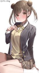 Rule 34 | 1girl, absurdres, artist name, blush, breasts, brown hair, brown skirt, cardigan, closed mouth, dot nose, double bun, grey jacket, hair bun, hand on own chest, highres, idolmaster, idolmaster shiny colors, jacket, kawai ritsu (rits meg), large breasts, long hair, long sleeves, looking at viewer, open clothes, open jacket, plaid, plaid skirt, red eyes, ribbon, school uniform, shirt, simple background, sitting, skirt, socks, solo, sonoda chiyoko, twintails, wariza, white background, white shirt, white socks, yellow cardigan, yellow ribbon